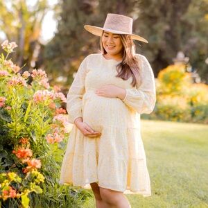 Kindred Bravely yellow floral print tiered long sleeve midi maternity dress
